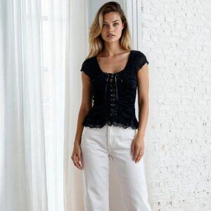 Black Romantic Rare Boho Goth Grunge Lace Up Corset Top Vintage 90s 🥀